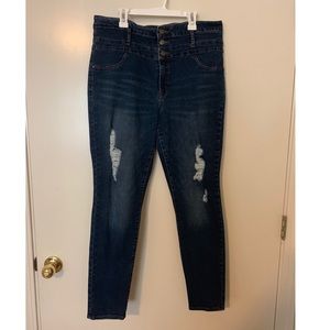 High Waist Dark Denim Distressed Skinny Jeans